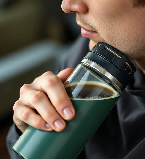 A man holding a thermo bottle