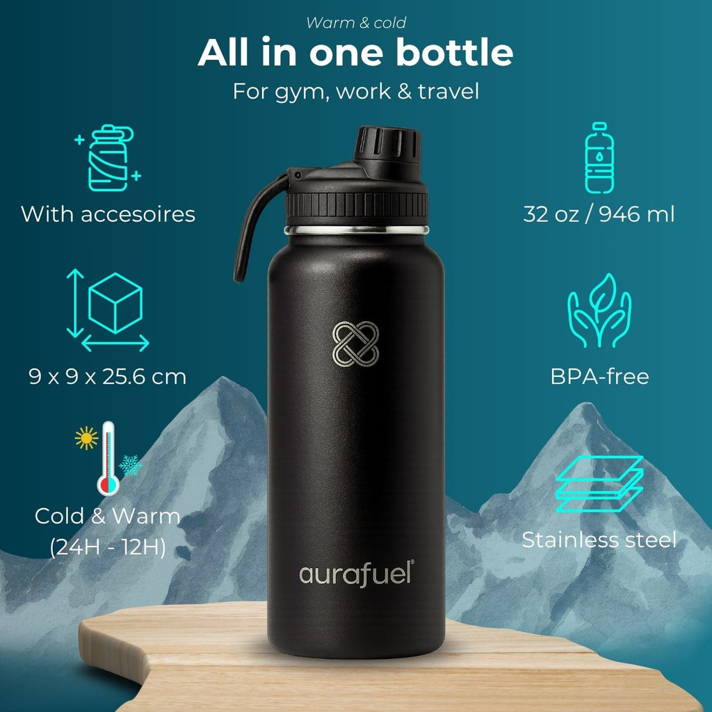 Stainless Steel Drink Bottle – Black – 32oz or 950ml Insulated Bottle-1